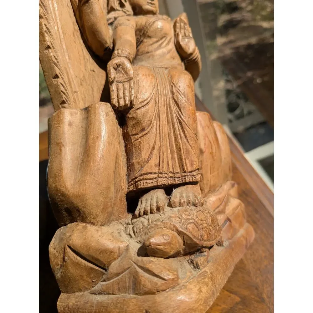 Pair Vintage Hand-Carved Wood Indian Goddess - Saraswati & Gayatri - 12